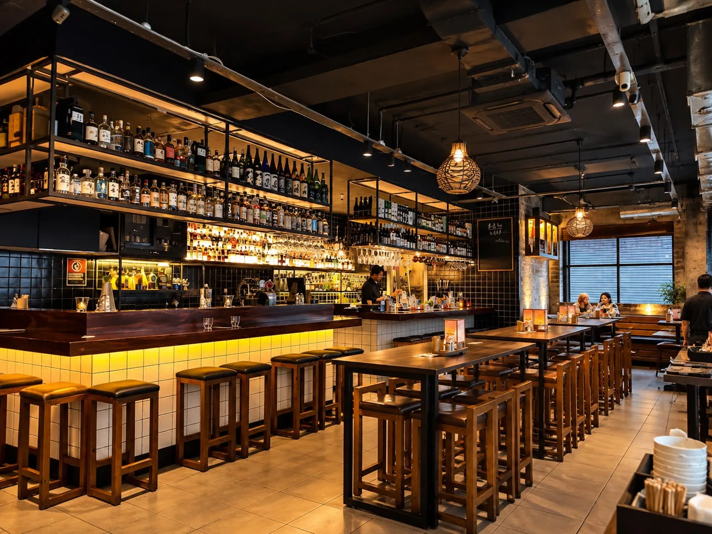 Inside Tokyo Bird: a long timber bar under lit shelves of Japanese whisky, with high tables and stools