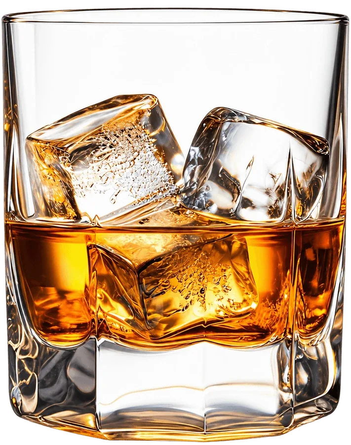 A rocks glass of whisky over a few large cubes of ice.