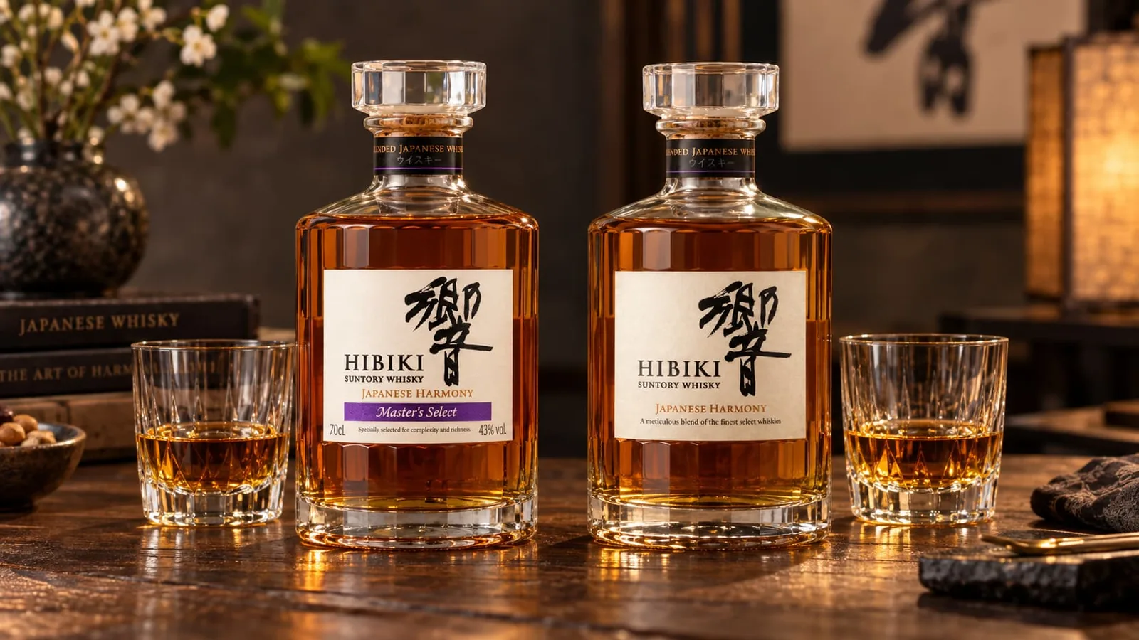 Two bottles of Hibiki whisky side by side