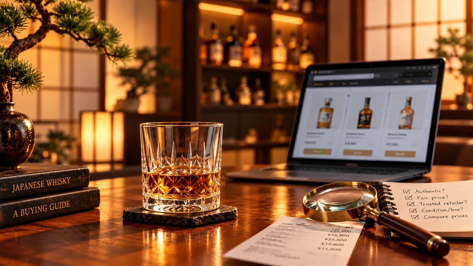 A glass of whisky on a bar beside a buying guide, a price list, a magnifying glass and a checklist, with a laptop comparing bottles behind