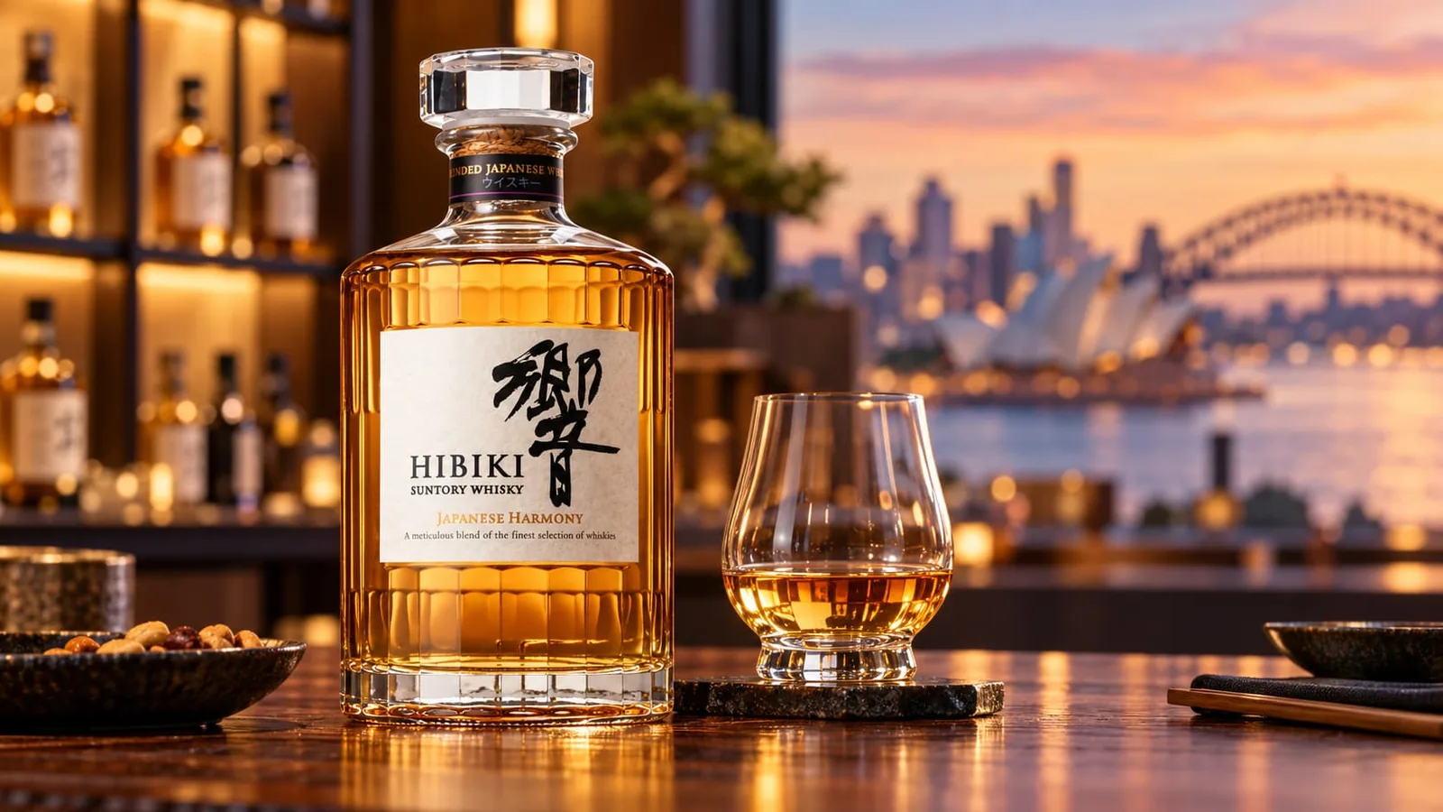 A bottle of Hibiki Japanese Harmony and a glass of whisky on a bar, with Sydney Harbour, the Opera House and the Harbour Bridge at dusk behind