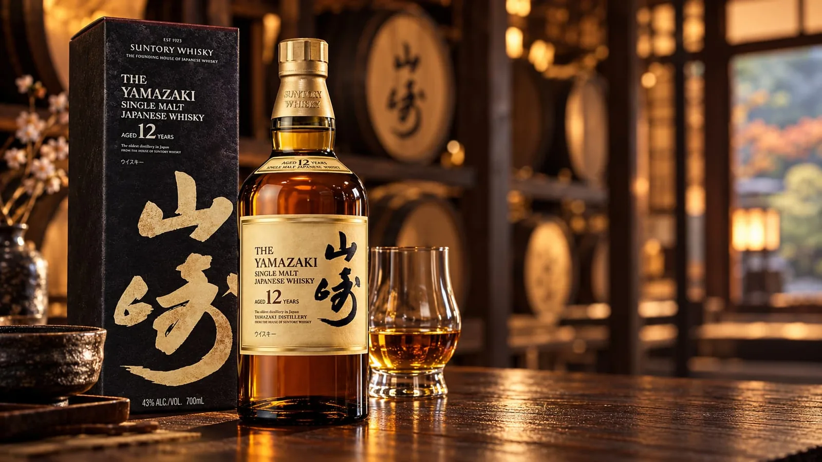 A bottle of Yamazaki 12 Year Old beside its box and a glass of whisky, with casks stacked behind